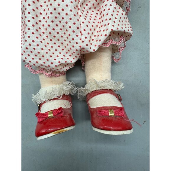 Vintage Handmade Cloth Doll Blonde Curly Hair Polka Dot Dress & Red Shoes READ - Picture 4 of 11